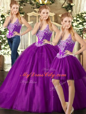 Best Tulle Straps Sleeveless Lace Up Beading Quinceanera Dresses in Purple