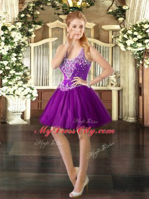 Best Tulle Straps Sleeveless Lace Up Beading Quinceanera Dresses in Purple