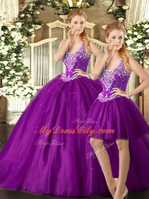 Best Tulle Straps Sleeveless Lace Up Beading Quinceanera Dresses in Purple