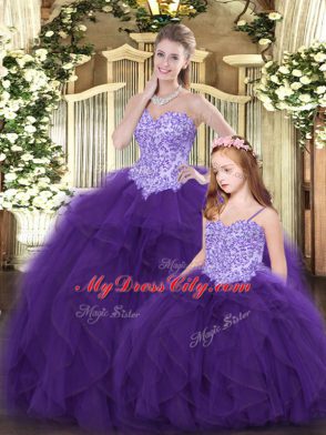 Exceptional Eggplant Purple Sleeveless Beading and Ruffles Floor Length Sweet 16 Quinceanera Dress