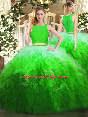 Glittering Scoop Sleeveless Organza 15th Birthday Dress Lace and Ruffles Zipper