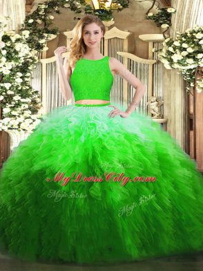 Glittering Scoop Sleeveless Organza 15th Birthday Dress Lace and Ruffles Zipper