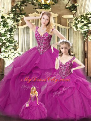 Organza Sleeveless Floor Length Sweet 16 Dress and Beading and Ruffles