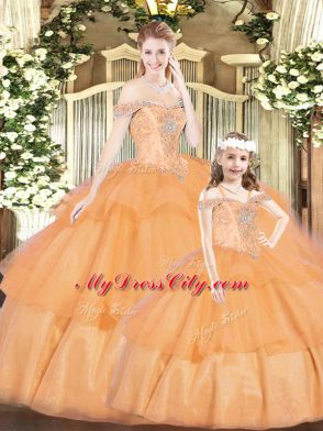 Captivating Orange Red Off The Shoulder Neckline Beading Vestidos de Quinceanera Sleeveless Lace Up