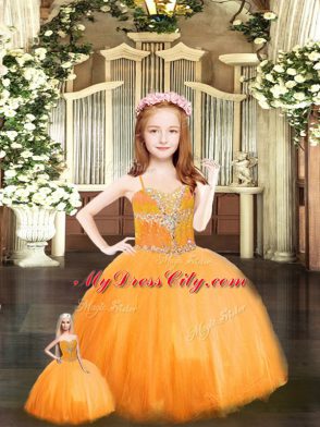 Affordable Orange Red Tulle Lace Up Sweet 16 Dresses Sleeveless Floor Length Beading