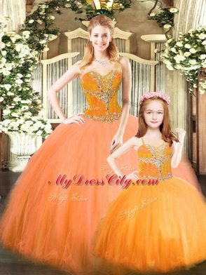 Affordable Orange Red Tulle Lace Up Sweet 16 Dresses Sleeveless Floor Length Beading