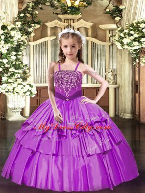 Excellent Lilac Sleeveless Floor Length Beading and Ruffled Layers Lace Up Little Girls Pageant Dress Wholesale