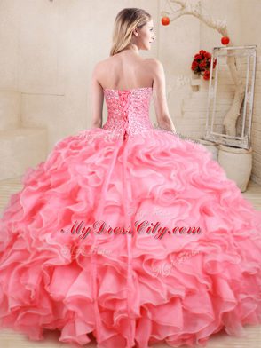 Yellow Green Lace Up Sweetheart Beading and Ruffles Ball Gown Prom Dress Organza Sleeveless