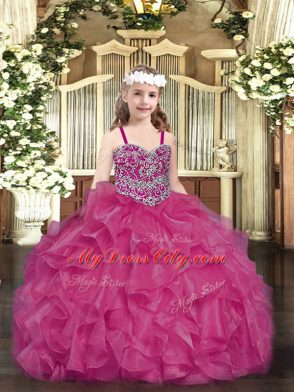 Fuchsia Organza Lace Up Straps Sleeveless Floor Length Little Girl Pageant Gowns Beading and Ruffles