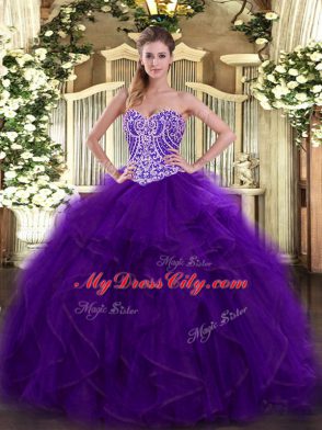 Super Purple Ball Gowns Sweetheart Sleeveless Organza Floor Length Lace Up Beading and Ruffles Quinceanera Dress