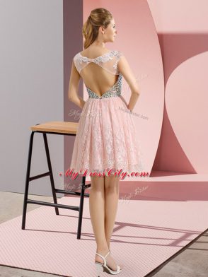 Scoop Cap Sleeves Lace Evening Dress Beading Backless