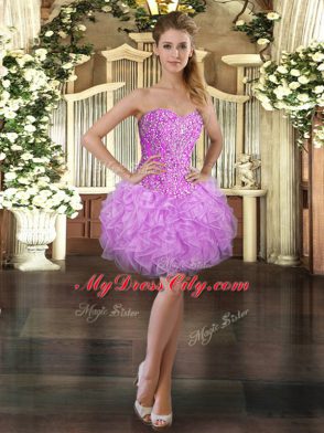 Glittering Lilac Ball Gowns Organza Sweetheart Sleeveless Beading and Ruffles Mini Length Lace Up Prom Dress