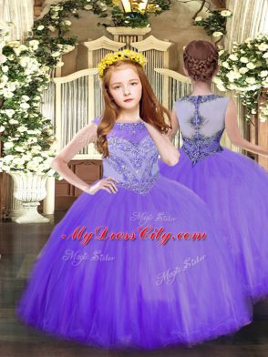 Tulle Scoop Sleeveless Lace Up Beading Quinceanera Dresses in Purple