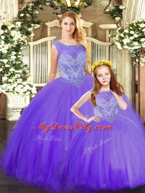 Tulle Scoop Sleeveless Lace Up Beading Quinceanera Dresses in Purple