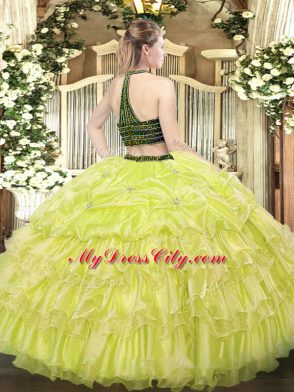 Colorful Organza Halter Top Sleeveless Zipper Beading and Ruffled Layers Quinceanera Gowns in Apple Green