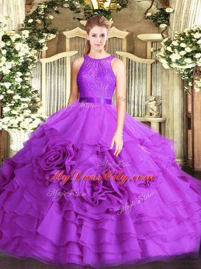 Eggplant Purple Fabric With Rolling Flowers Lace Up Quinceanera Dresses Sleeveless Floor Length Lace