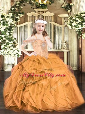 Orange Red Lace Up Little Girls Pageant Dress Beading and Ruffles Sleeveless Floor Length