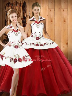 Custom Design Halter Top Sleeveless Lace Up Sweet 16 Dresses Wine Red Satin and Tulle