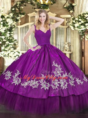 Extravagant Fuchsia Taffeta Zipper Ball Gown Prom Dress Sleeveless Floor Length Beading and Appliques