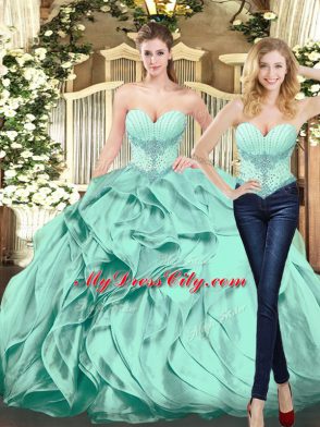 Fantastic Sleeveless Organza Floor Length Lace Up Sweet 16 Dresses in Apple Green with Beading and Ruffles