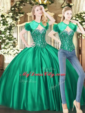 Green Sleeveless Floor Length Beading Lace Up 15th Birthday Dress