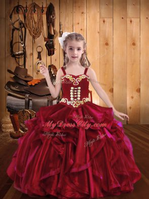 Attractive Red Straps Neckline Embroidery and Ruffles Kids Pageant Dress Sleeveless Lace Up