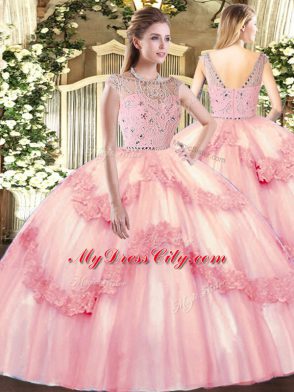 Modern Baby Pink Sleeveless Beading and Appliques Floor Length Sweet 16 Dress