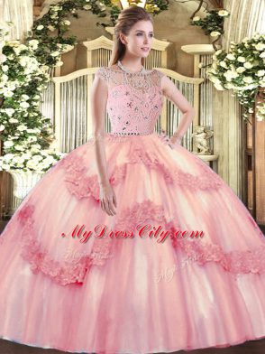 Modern Baby Pink Sleeveless Beading and Appliques Floor Length Sweet 16 Dress