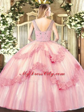 Modern Baby Pink Sleeveless Beading and Appliques Floor Length Sweet 16 Dress