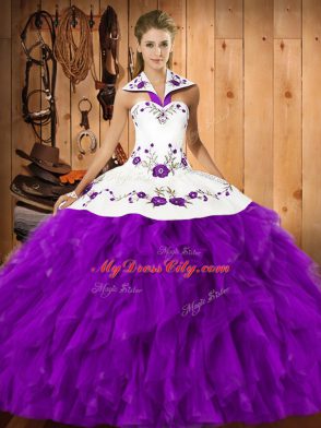 Sweet Eggplant Purple Sleeveless Satin and Organza Lace Up Quinceanera Dress for Military Ball and Sweet 16 and Quinceanera