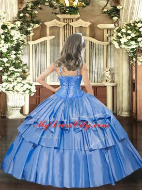 Hot Selling Coral Red Organza Lace Up Straps Sleeveless Floor Length Pageant Dress for Girls Beading and Ruffled Layers