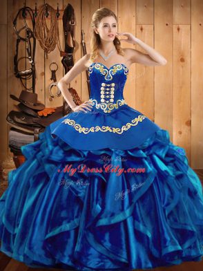 Edgy Floor Length Lace Up Quinceanera Dress Blue for Military Ball and Sweet 16 and Quinceanera with Embroidery and Ruffles