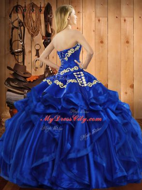 Edgy Floor Length Lace Up Quinceanera Dress Blue for Military Ball and Sweet 16 and Quinceanera with Embroidery and Ruffles