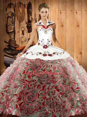 Multi-color Ball Gowns Fabric With Rolling Flowers Halter Top Sleeveless Embroidery Lace Up Sweet 16 Quinceanera Dress Sweep Train