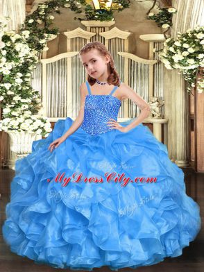 Straps Sleeveless Pageant Dress for Womens Floor Length Beading and Ruffles Baby Blue Organza