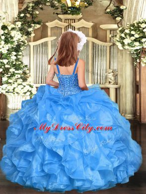 Straps Sleeveless Pageant Dress for Womens Floor Length Beading and Ruffles Baby Blue Organza