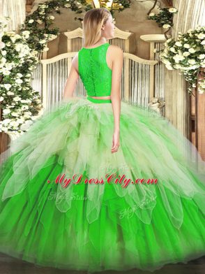 Beautiful Scoop Sleeveless Organza 15 Quinceanera Dress Lace and Ruffles Zipper