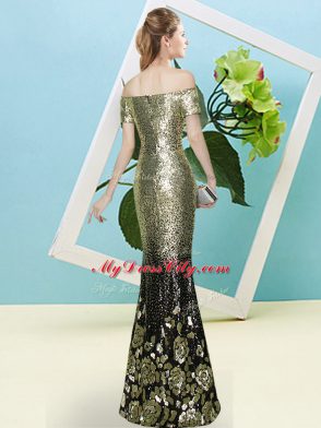 Great Teal Off The Shoulder Neckline Sequins Prom Dresses Short Sleeves Zipper