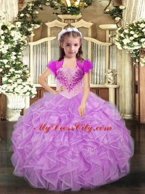 Gorgeous Lilac Kids Formal Wear Party and Sweet 16 and Quinceanera and Wedding Party with Beading and Ruffles Straps Sleeveless Lace Up