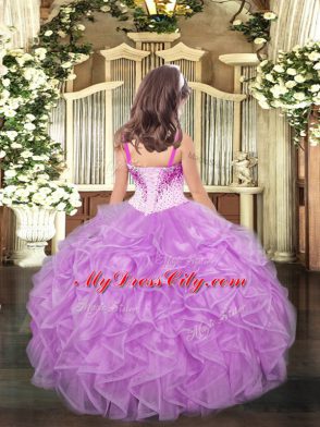 Gorgeous Lilac Kids Formal Wear Party and Sweet 16 and Quinceanera and Wedding Party with Beading and Ruffles Straps Sleeveless Lace Up