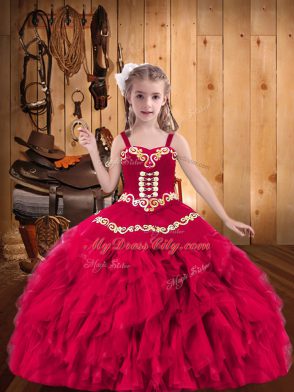 Beautiful Coral Red Ball Gowns Organza Straps Sleeveless Embroidery and Ruffles Floor Length Lace Up Girls Pageant Dresses