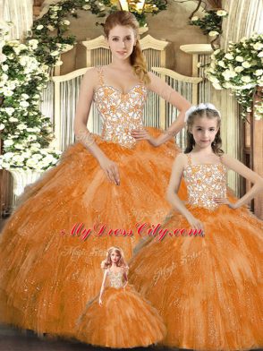 Perfect Orange Red Lace Up Straps Beading and Ruffles Sweet 16 Quinceanera Dress Organza Sleeveless