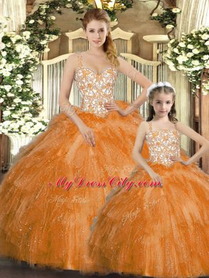 Perfect Orange Red Lace Up Straps Beading and Ruffles Sweet 16 Quinceanera Dress Organza Sleeveless