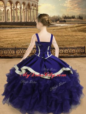 Hot Sale Eggplant Purple Lace Up Child Pageant Dress Beading and Ruffles Sleeveless Floor Length