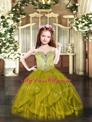 Ball Gowns Little Girls Pageant Dress Wholesale Olive Green Spaghetti Straps Tulle Sleeveless Floor Length Lace Up