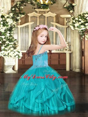 Ball Gowns Little Girls Pageant Dress Wholesale Olive Green Spaghetti Straps Tulle Sleeveless Floor Length Lace Up