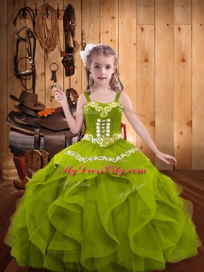 Floor Length Olive Green Little Girl Pageant Gowns Straps Sleeveless Lace Up