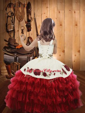 Sleeveless Floor Length Ruffled Layers Lace Up Winning Pageant Gowns with Red