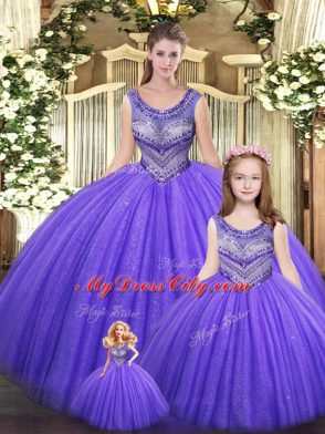 High Quality Eggplant Purple Sleeveless Floor Length Beading Lace Up Quinceanera Gowns