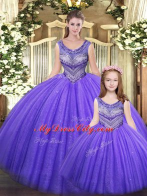 High Quality Eggplant Purple Sleeveless Floor Length Beading Lace Up Quinceanera Gowns